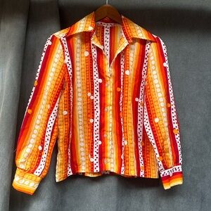 Vintage stripes dots blouse shirt butterfly collar 70s button front women’s